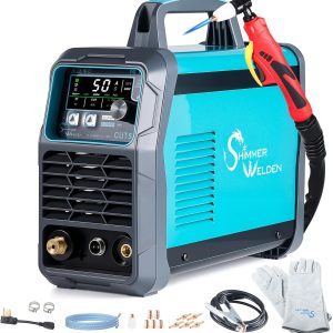 50A Dual-Voltage Plasma Cutter, 110V/220V HF Touch-Start Contact Arc, IGBT Plasma Cutting Machine, Digital Control, 2T/4T with PT31 Torch