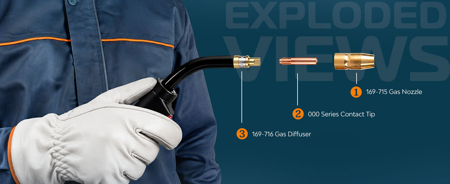 MIG welding gun torch head exploded view with gas nozzle contact tip and gas diffuser
