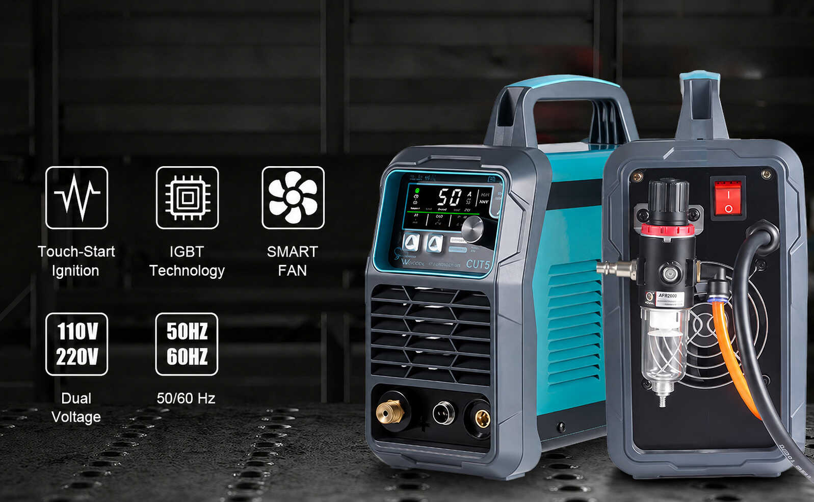 CUT50D dual voltage IGBT plasma cutter front and rear view