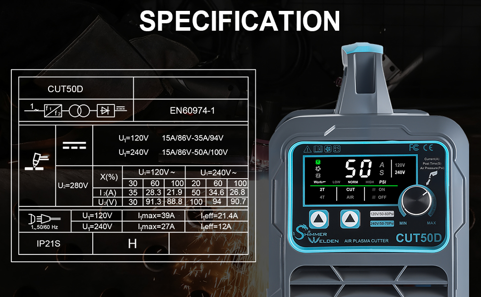 CUT50D plasma cutter original technical specification graphic